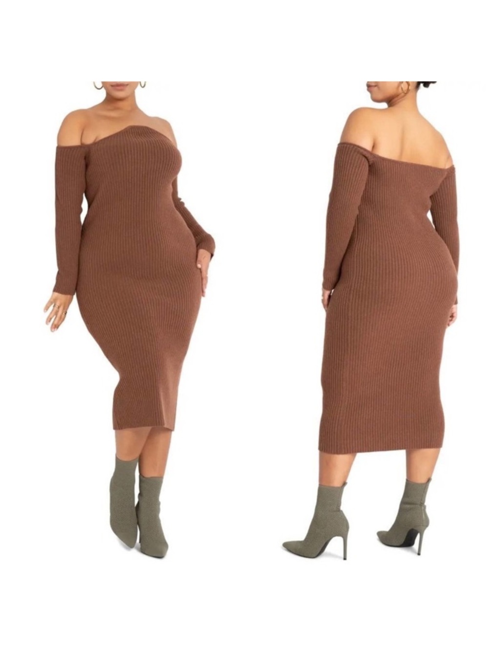 NWT Eloquii 26/28 Ribb Off the Shoulder Long Sleeve Midi Sweater Dress Brown